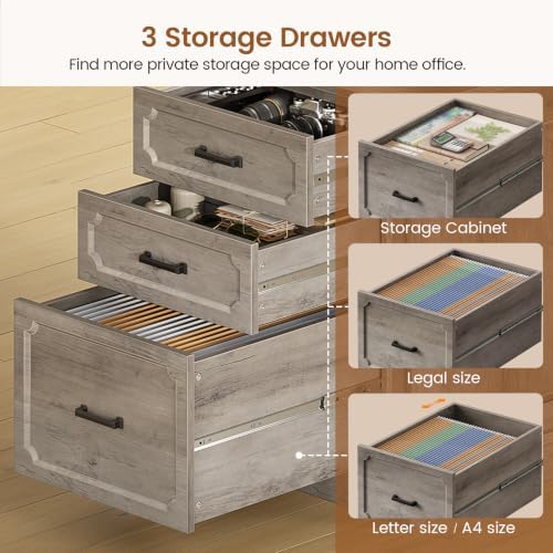 SEDETA Farmhouse L Shaped Desk with Drawers, 70.9" Home Office Desk with Storage Cabinet and Storage Shelves, L Shaped Computer Desk with Power Outlet,Gray