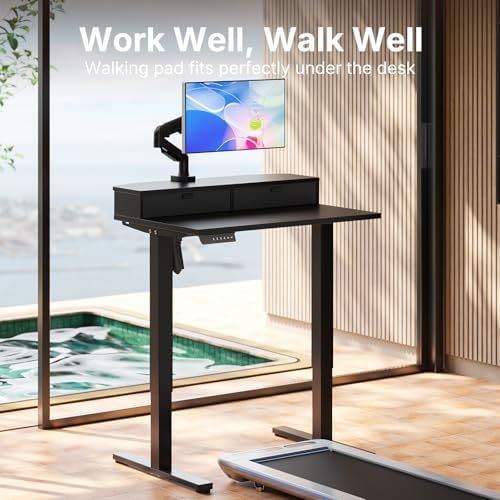 HUANUO 32" X 21" Electric Standing Desk with 2 Drawers, C-Clamp Mount Compatible, Height Adjustable Computer Desk, Home Office Stand Up Desk with 4 Preset Heights & 2 Hooks, Black