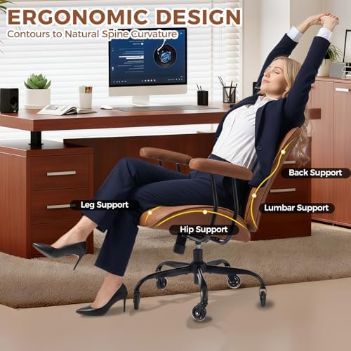BEWISHOME Brown Leather Office Chair with Quiet Rubber Wheels