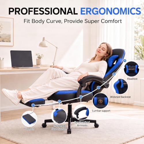 Desk Computer Gaming Chair - High Back Ergonomic Office Chair with Footrest and Lumbar Support, Swivel Comfy Home Gamer Video Game Chairs with Pocket Spring Cushion for Adults (Blue Leather)