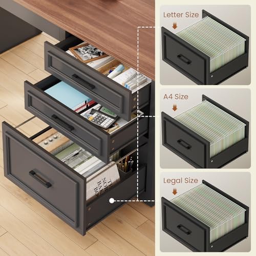SEDETA Farmhouse L Shaped Electric Standing Desk, 63" x 67" Height Adjustable Office Executive Desk with Drawers and Shelves, Standing Computer Desks with Power Outlet for Home Office, Black+Brown