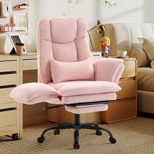 Wider Seat Office Chair with Flip Armrests for Criss Cross Legged&Cats, Big and Tall Executive Ergonomic Reclining Chair with Footrest&Lumbar Pillow, Teddy Fleece Desk Chair,Pink Vanity Chair
