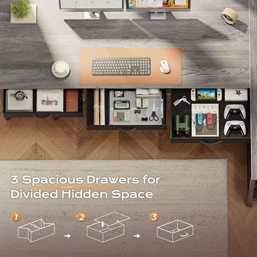 PRAISUN 63 Inch L Shaped Office Desk with Power Outlets and Type-C Port, Large Computer Gaming Desk with 3 Fabric Drawers, Mesh Shelves, Corner Study Work Writing Desk, Grey