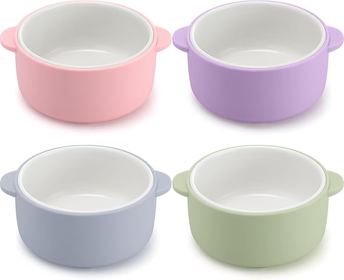 Domensi 4 Sets Kids Porcelain Bowls with Removable Silicone Sleeve 2-in-1 Porcelain Toddler Bowls Microwave Dishwasher Safe Cereal Snack Soup Dishes for Baby Children Feeding Supplies (Macaron Colors)