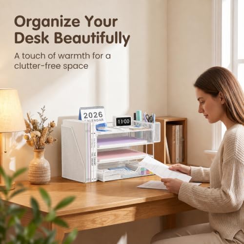 OPNICE Desk Organizers and Accessories, 4-Tier Desktop File Organizer with Drawer and Pen Holders, Office Desk Accessories Workspace Organizers for Office Supplies (Soft White)
