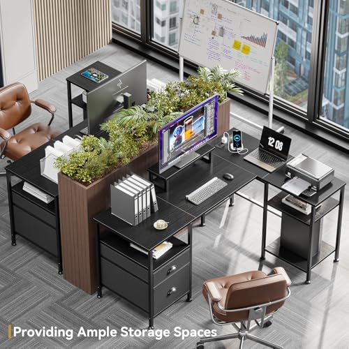 Furologee 50 Inch L Shaped Gaming Desk with Power Outlet and Drawers, Black