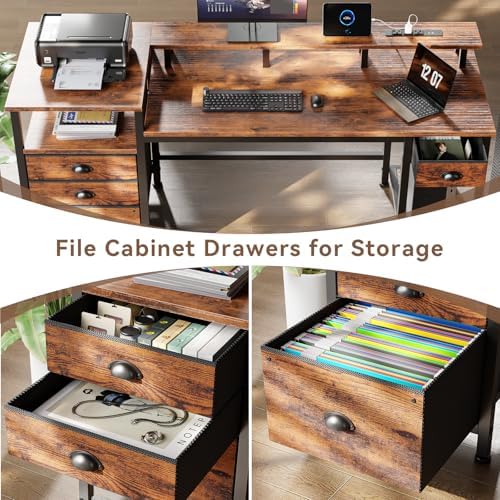 Furologee 60" Computer Desk with 4 Drawers, Power Outlet, LED, Rustic Brown