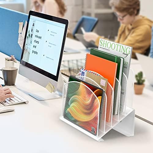 Delifox Inclined Desk File Organizer,Vertical File Folder Holder Stand Metal Rack File Sorter for Office Classroom Desktop Organization (1, White, 5)