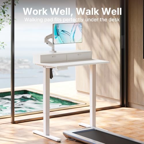 HUANUO 32" X 21" Electric Standing Desk with 2 Drawers, C-Clamp Mount Compatible, Height Adjustable Computer Desk, Home Office Stand Up Desk with 4 Preset Heights & 2 Hooks, White