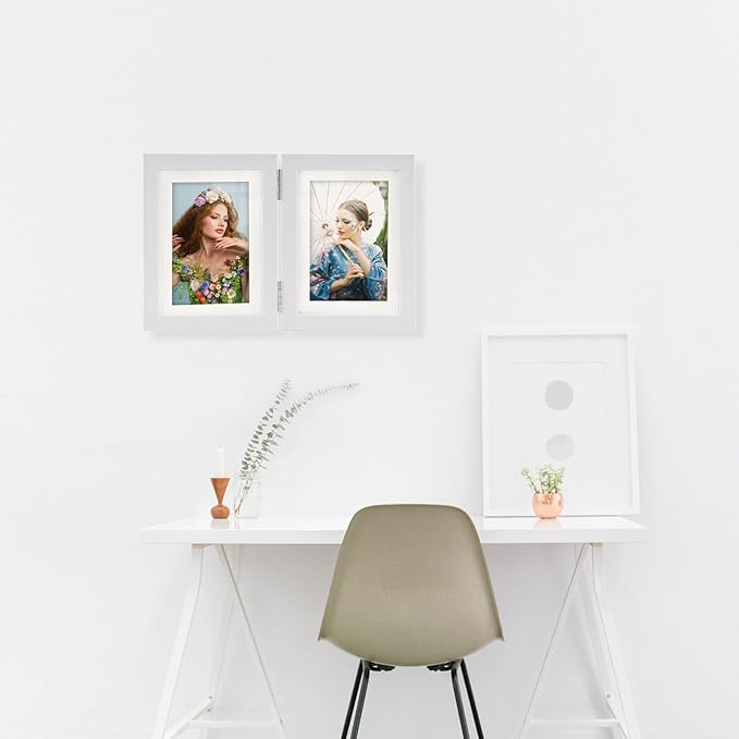 Double Hinged 5x7 Picture Frame with Tempered Glass-Tabletop or Wall Mounted, Display for 4x6 & 5x7 Photos (with/without Mat)-Matte White, For Family Photos & Wedding Memories-B57X2
