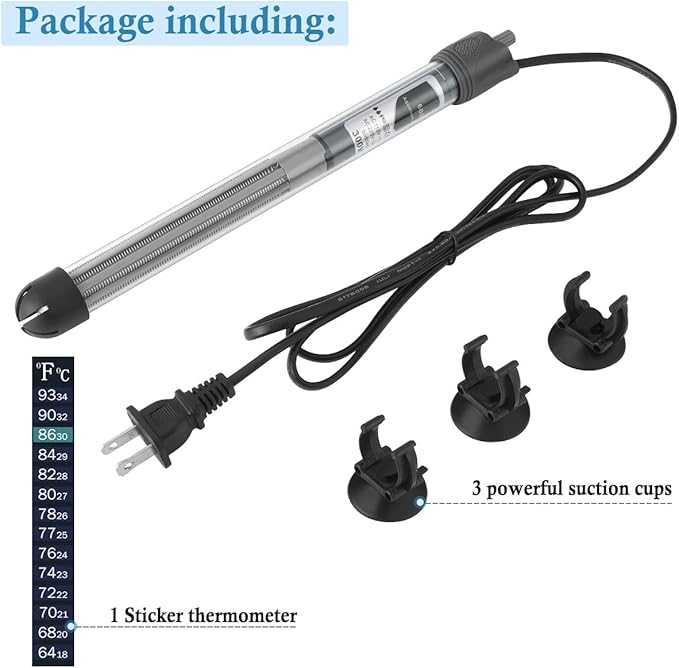 HITOP 100W 200W 300W Adjustable Aquarium Heater, Submersible Fish Tank Heater Thermostat with Suction Cup
