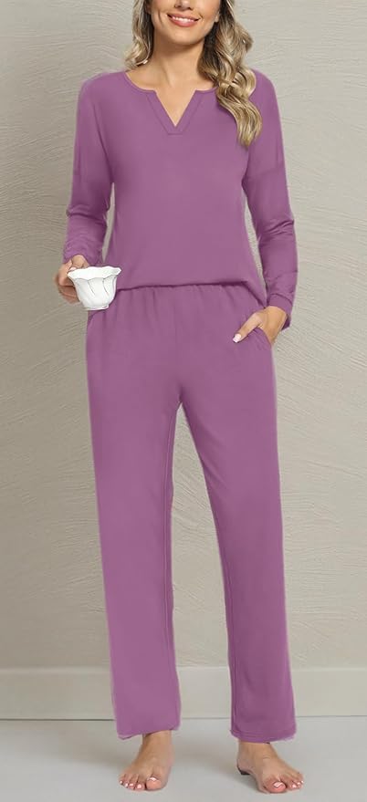 Anyally Women's Plus Size Pajama Sets Ladies Fall Pjs 2 Pieces Lounge Outfits V Neck Long Sleeves Sleepwear with Pockets