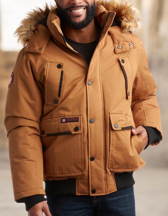 CANADA WEATHER GEAR Mens Winter Bomber Jacket - Heavyweight Winter Coats Weather Resistant Faux Fur Hood Insulated Ski Jacket