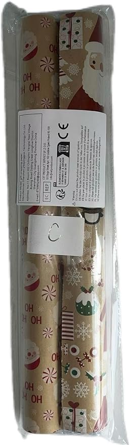 AhfuLife 2 Rolls Christmas Wrapping Paper, 17 Inch × 49.2 Feet Per Roll - Recyclable Kraft Xmas Wrapping Paper - Reindee Design for Kids Gift Box Birthday Party Decoration