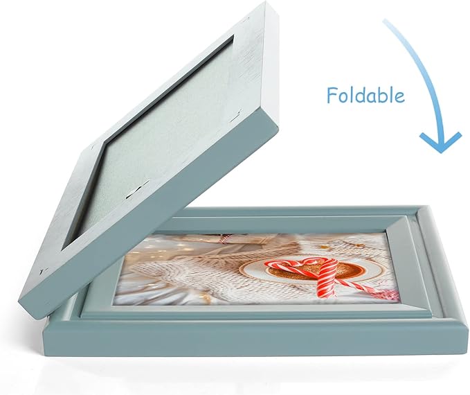 4x6 Double Hinged Picture Frame Folding Photo Frame Vertical and Horizontal in Teal Blue Pine Wood with Real Glass for Tabletop X2-LAN-SH46