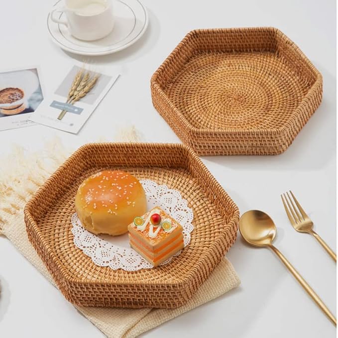 Hexagon Rattan Serving Tray for Coffee Table Woven Decorative Basket Trays for Ottoman Natural (8.7Inch x 1.8Inch)
