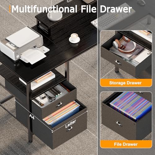 Furologee 66 Inch L Shaped Desk with 2 Drawers and Power Outlet, Black