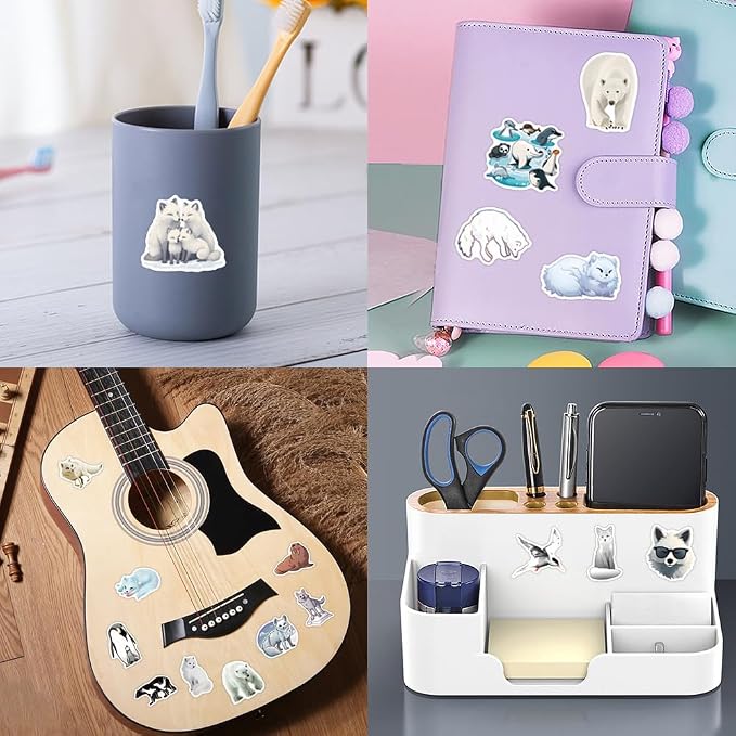 60Pcs Artic Animals Sticker, Cute Stickers for Kids Teens Adults, Vinyl Cartoon White Animals Decals Kawaii Sticker for Decor Water Bottles Laptops Guitar Scrapbook