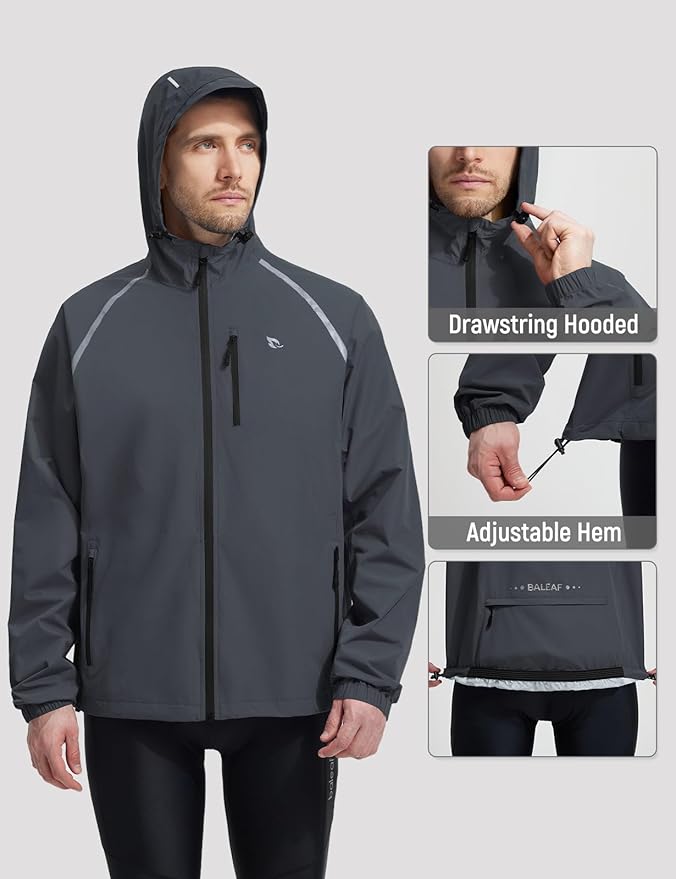 baleaf Men's Rain Jacket Waterproof Windbreaker Raincoat Running Cycling Hiking Gear Hood Lightweight Reflective Packable