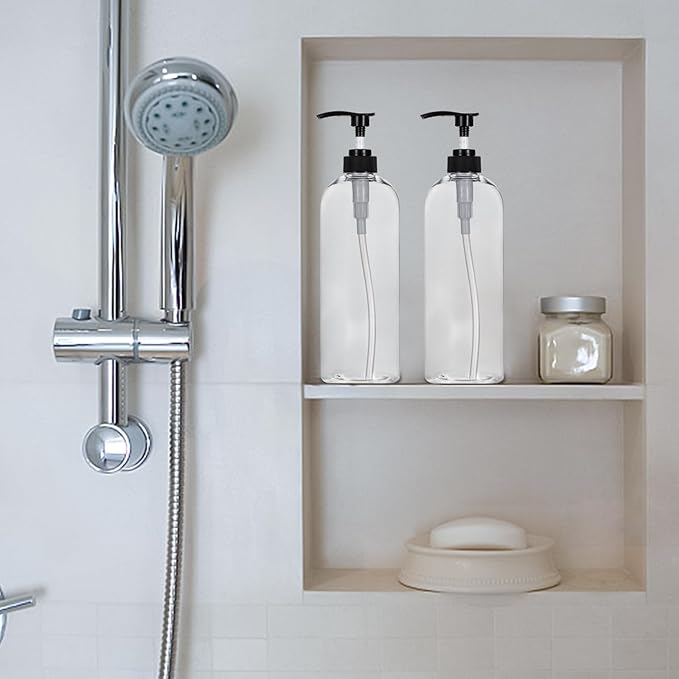 Yebeauty Pump Bottle Dispenser, 33.8oz 1000ml Empty Plastic Shampoo and Conditioner Dispenser, Refillable Shower Soap Dispenser Pump Bottle Containers for Bathroom Kitchen, 2 Pack Clear