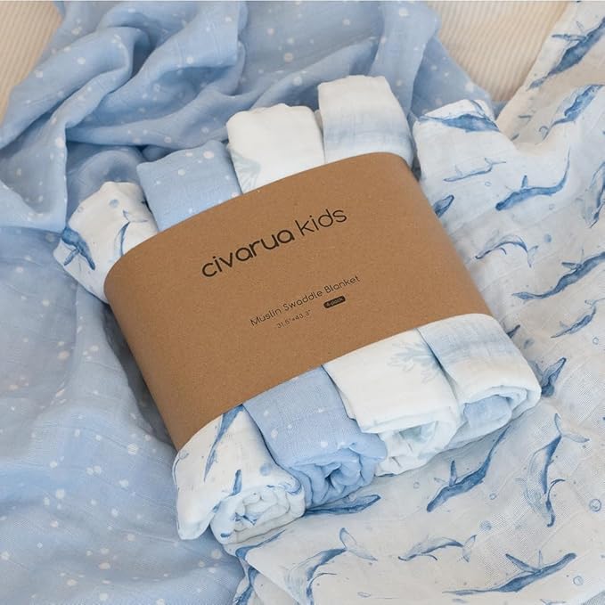Muslin Swaddle Blankets for Newborn, 4 Pack Organic Cotton Baby Blankets for Boys, Large 31.5 x 43.3 Breathable Soft Receiving Blanket, Essentials Swaddle Wrap Burping Clothes, Blue Whale