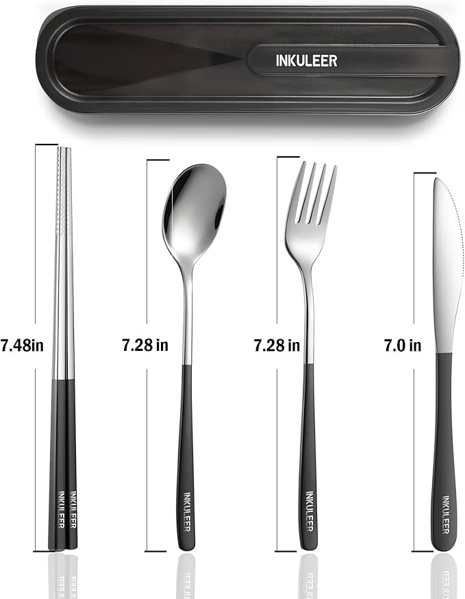 Travel cutlery set, 18/8 stainless steel cutlery, Reusable utensils set with case, Portable Silverware Lunch Box for Camping and Office (Black/knife set)