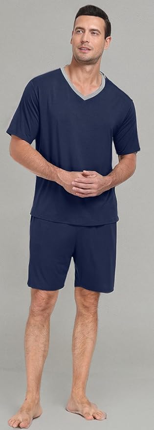 PrinStory Men's Pajama Set Sleepwear Pjs Lightweight Quick Dry Short Sleeve V-Neck Shirts and Shorts Soft Comfy Sleep Sets