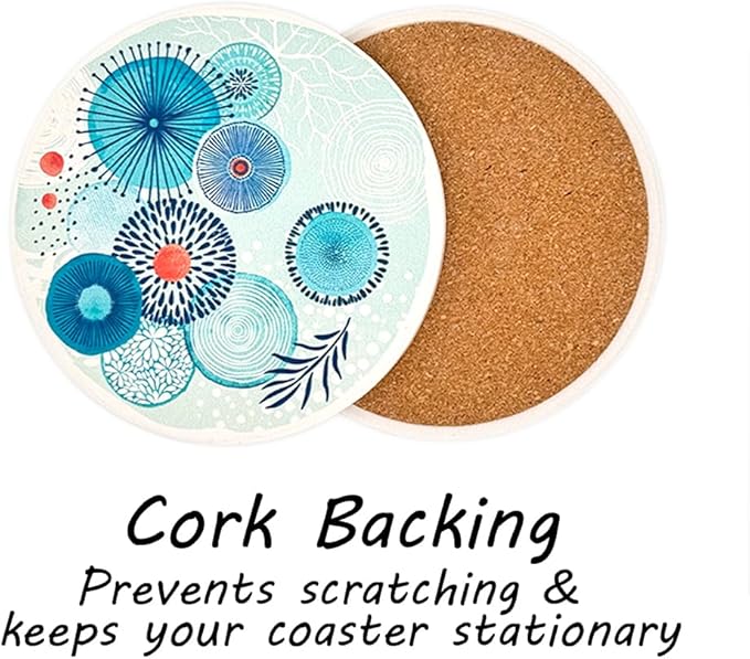AD Set of 6 Coasters for Drinks Absorbing Round Ceramic Stone Coaster with Cork Base Tabletop Protection Mat for Mugs and Cups,Office,Kitchen (Color Droplets with Black Holder)