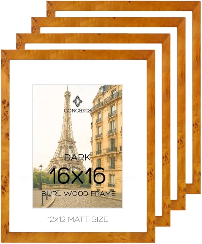 Concepts Set of 4 16X16 Burl Wood Picture Frames with Matt (12X12), Dark Wood Finish, Eco-Friendly Packaging – Elegant Wallhung Decor for Family Photos