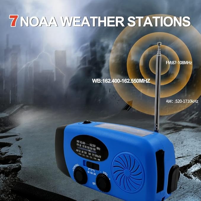 Solar Emergency Hand Crank Weather Radio, Portable Self Powered NOAA AM/FM Radios with SOS Alarm LED Flashlight 5000mAh Smart Phone USB Charger for Camping (Blue)