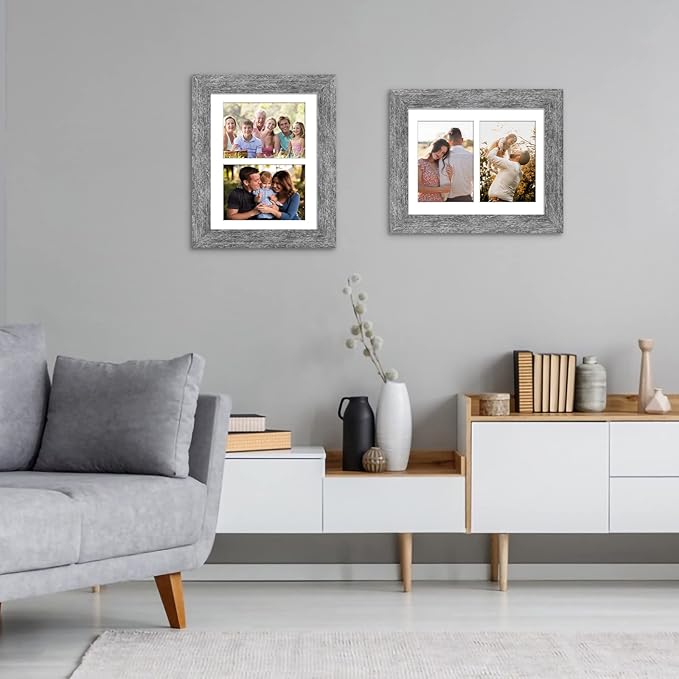 8.5x11 Picture Frame Display 2 opening Double 5x7 Picture Frame Collage,Multi Photo Frame with Mat,Plexiglass,Horizontal and Vertical Formats for Wall Decor,Grey Wood Grain