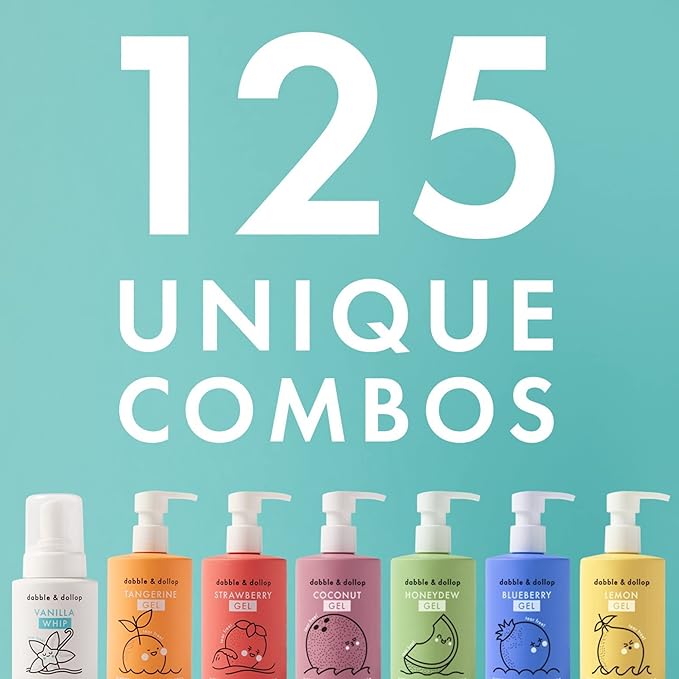 Dabble & Dollop Rainbow of Bubbles – Natural 4-in-1 Bath Set for Kids, Includes Bubble Bath, Body Wash, Shampoo, No Parabens/Sulfates, Vegan, Gluten-Free, Tear-Free (7-Pack)