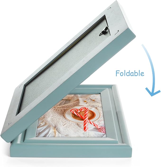 4x6 Double Hinged Picture Frame Folding Photo Frame Horizontal and Vertical in Teal Blue Pine Wood with Real Glass for Tabletop X2-LAN-HS46