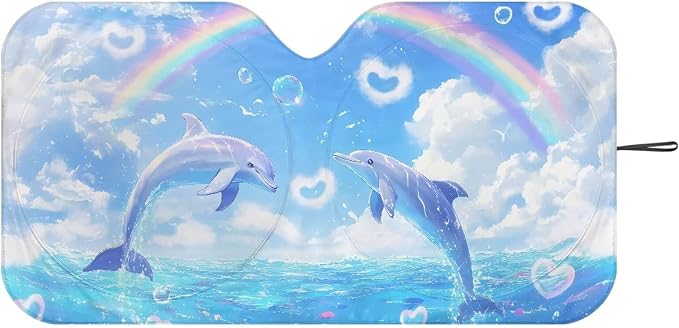 Cute Dolphin Front Window Sunshades Foldable Front Windshield Sun Shade for Heat Protection Blocking Harmful UV Rays & Heat