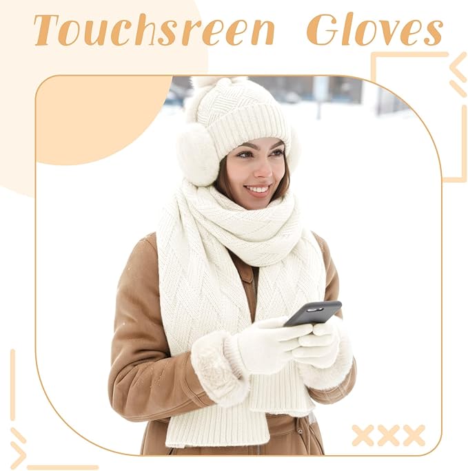 Geyoga 6 Pcs Winter Warm Set for Women Warm Beanies Hats Touchscreen Gloves Long Scarf Ear Muffs Socks Winter Gifts for Women
