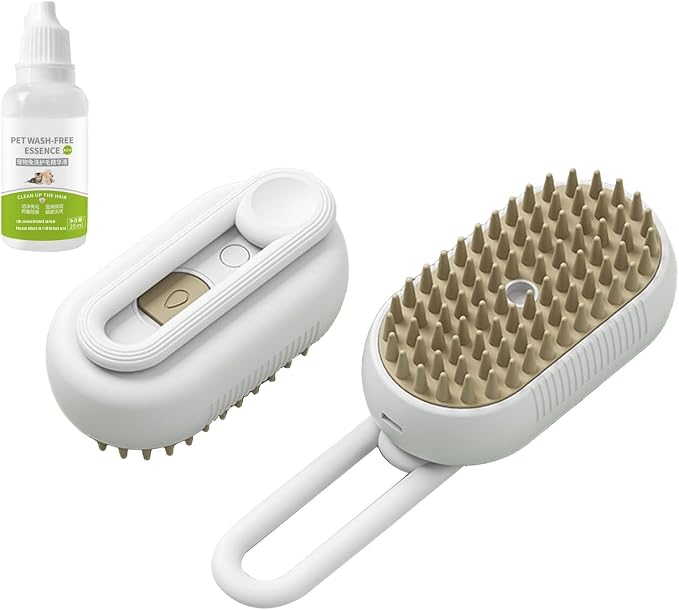 Rabbit Ferret Steam Brush 5 In1 Grooming Kit for Cats Dogs Silicone Massage Tool Stainless Steel Nail Scissors Hair Detangling Comb - Water Spray Rechargeable Shedding Wash-Free Essence (White)