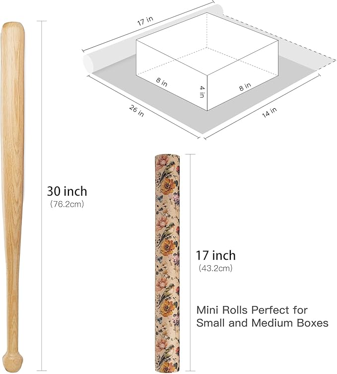 RUSPEPA Blooming Flower Wrapping Paper with Bird and Butterfly Design, 17 in x 32.8 ft Each Roll, Mini Roll Kraft Floral Wrapping Paper for Girls, Women, Spring and Birthday