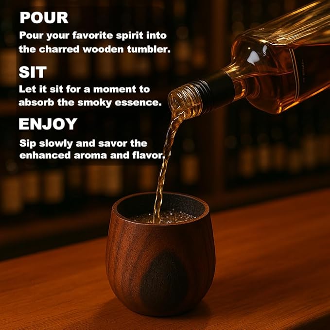 Charred Wooden Whiskey Glasses – 6 oz Bourbon Tumblers for Men with Burnt Interior – Old Fashioned Cocktail Cups – Gifts for Dad, Men, Brother, or Whiskey Lovers