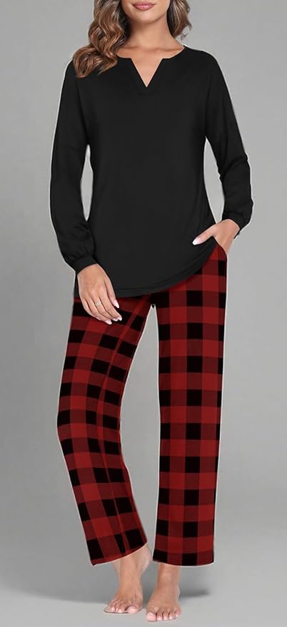 Anyally Women's Plus Size Pajama Sets Ladies Fall Pjs 2 Pieces Lounge Outfits V Neck Long Sleeves Sleepwear with Pockets