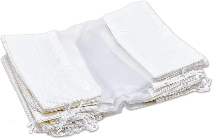 12-Pack Small Linen Burlap & Organza Gift Bags w. Drawstrings (3.5x5.5 in, White) - Party Favors, Presents, Samples & Treats Mesh Pouch by The Display Guys
