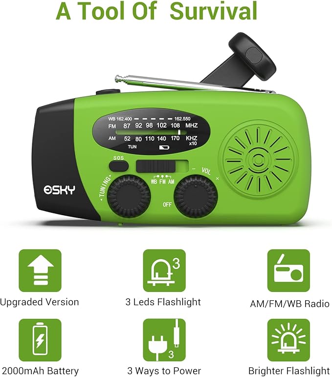 Esky Emergency Hand Crank Radio with 3 LED Flashlight, AM/FM/NOAA Portable Weather Radio with 2000mAh Battery, Solar-Powered USB Rechargeable Radio for Indoor and Outdoor Camping, Green