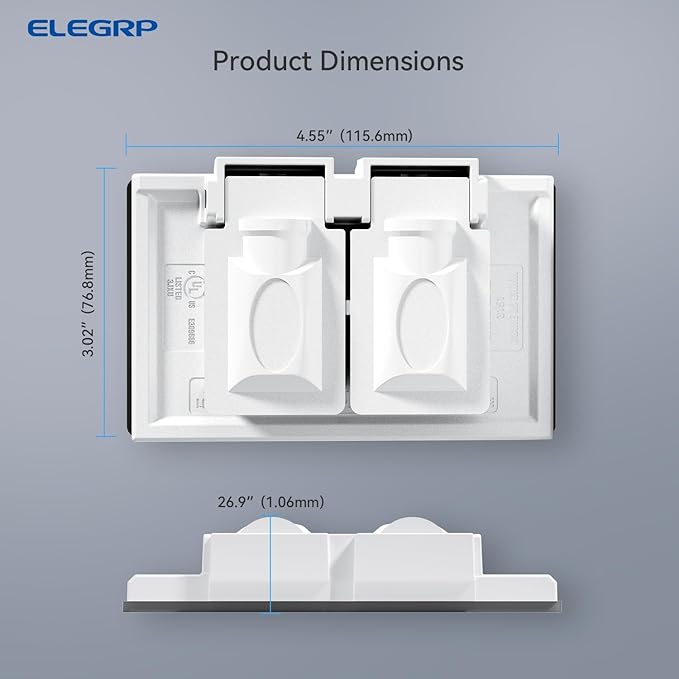ELEGRP Horizontal Outdoor Cover for Duplex Receptacles, 2-Hole Weatherproof Wall Plate, Outdoor Electrical Outlet Cover, Standard Size 1-Gang 4.55” x 3.02”, Thermoplastic, 2 Pack, White