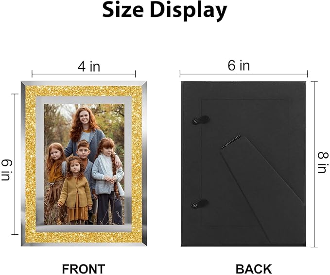 4x6 Picture Frames Gold - Set of 4, Sparkle Real Glass 4 by 6 Photo Frame with Silver Mirrored Edge, for Tabletop Display, Wedding Birthday Christmas Day Gifts (4 x 6, Glitter Gold)