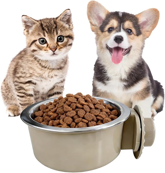 2Pcs Pets Lightweight Stainless Steel Bowl,Removable Stainless Steel Pet Hanging Food Water Feeder Bowl for Puppy Dog Cat Rabbit Ferret Bird Gunea Pigs (Gray-Small)