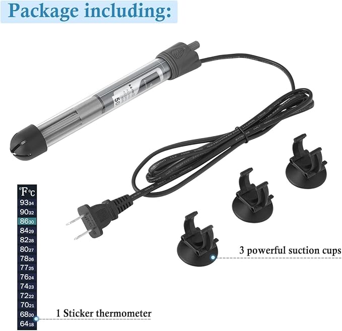 HITOP 25W 50W Adjustable Aquarium Heater, Submersible Fish Tank Heater Thermostat with Suction Cup