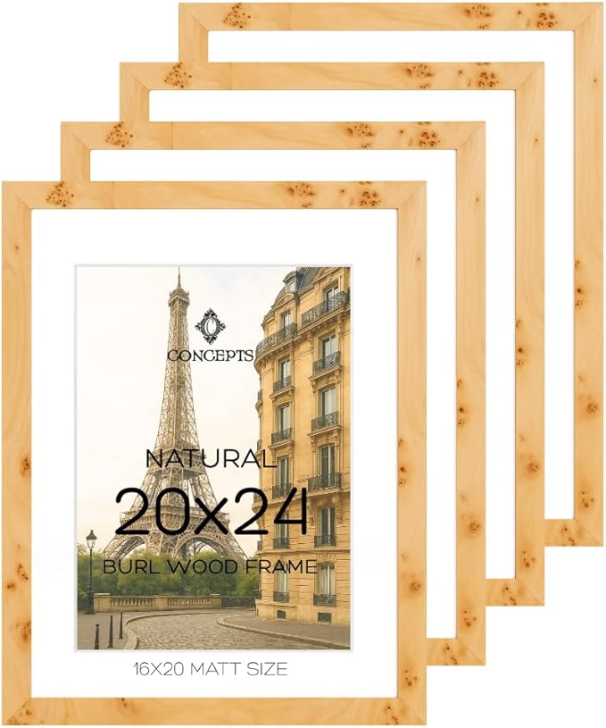 Concepts Set of 4 20X24 Burl Wood Picture Frames with Matt (16X20), Natural Wood Finish, Eco-Friendly Packaging – Elegant Wallhung Decor for Family Photos