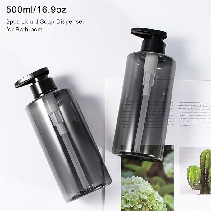 Shampoo Bottles with Pump, Yebeauty 2 Pack Empty Refillable Shower Bottle 17oz 500ml Squeeze Lotion Dispenser for Bathroom,Shampoo Soap, Conditioner Body Wash Liquidl,Clear Grey