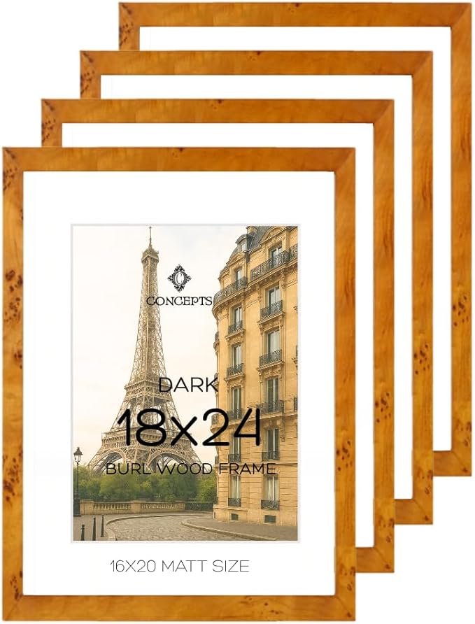 Concepts Set of 4 18X24 Burl Wood Picture Frames with Matt (16X20), Dark Wood Finish, Eco-Friendly Packaging – Elegant Wallhung Decor for Family Photos