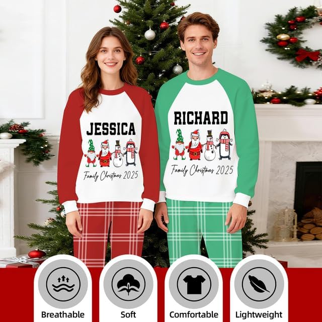 Personalized Family Christmas Pajamas Matching Sets 2025, Custom Xmas pjs, Long Sleeve Raglan Top Plaid Pant