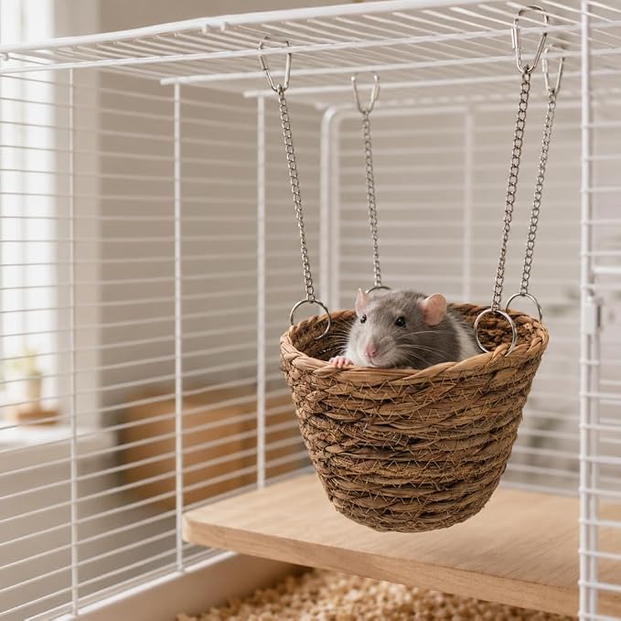 2 Pack Rat Hammock for Cage, Natural Grass Woven Hanging Basket Beds with Adjustable Chains, Pet Rat Cage Accessories for Resting, Perching and Enrichment, 6.3 in
